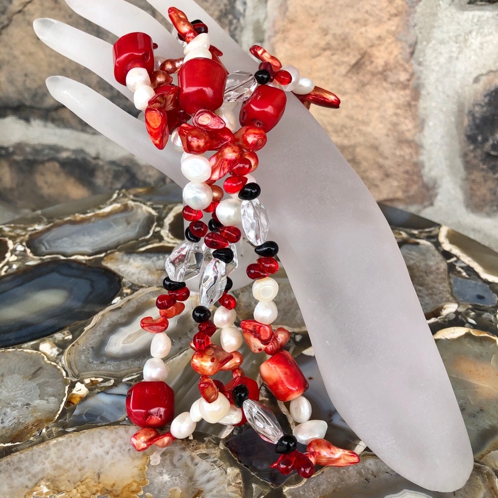 44 Inch Pearl, Quartz, Agate and Coral Necklace